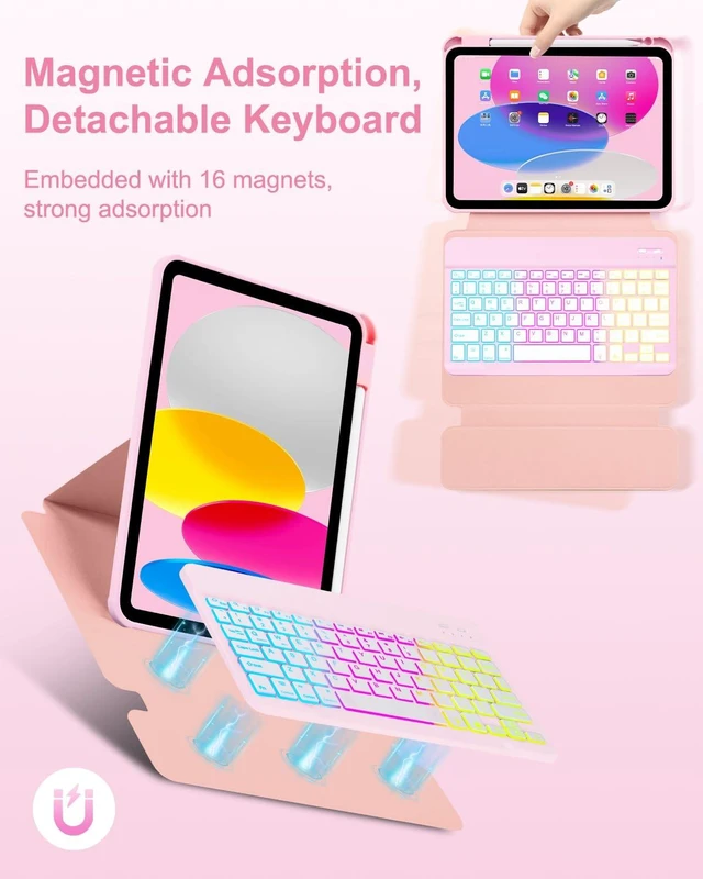 Alt view image 5 of 7 - EAMPANG Case with Keyboard Mouse for iPad A16 11th 10th Generation 11/10.9 | inch,Rainbow Backlit Detachable Keypad Rotatable Magnetic Cover with Pencil Holder for iPad 11 2025 10 Gen 2022 Pink