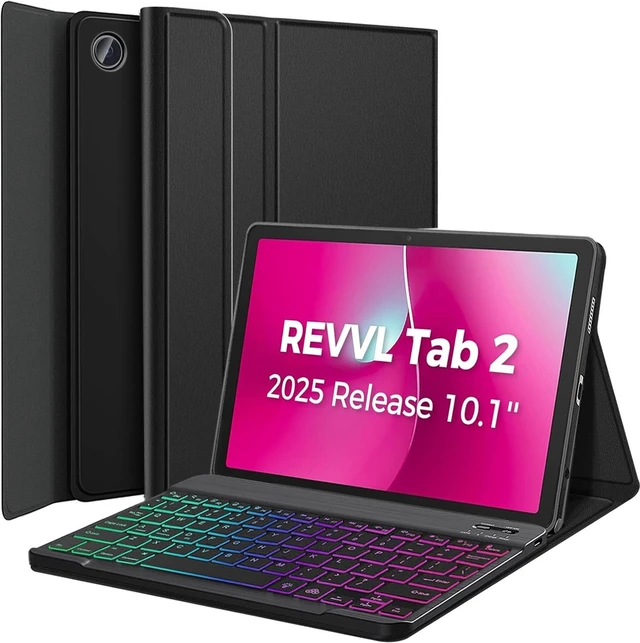 Main image of Nanhent Case with Backlit Keyboard for T-Mobile REVVL Tab 2 Tablet 10.1 Inch 2025 Released, Slim PU Stand Cover with 7 Color Rainbow Backlight Magnetically Detachable Bluetooth Keyboard (Black)