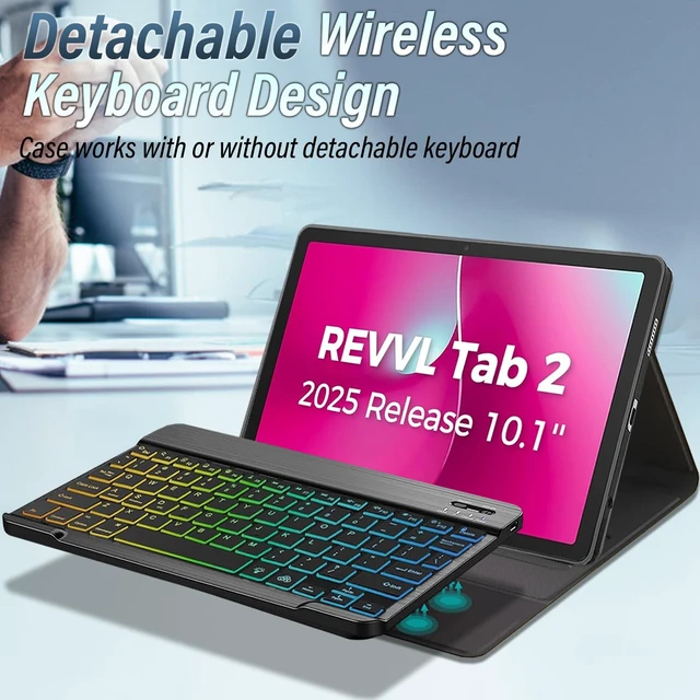 Alt view image 4 of 7 - Nanhent Case with Backlit Keyboard for T-Mobile REVVL Tab 2 Tablet 10.1 Inch 2025 Released, Slim PU Stand Cover with 7 Color Rainbow Backlight Magnetically Detachable Bluetooth Keyboard (Black)