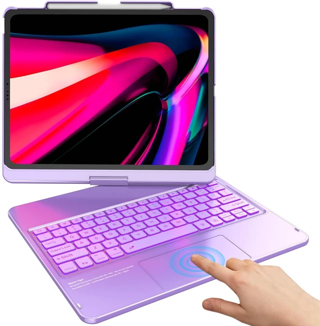 Main image of TQQ for iPad Air 13 Inch (M4/M3/M2) & iPad Pro 12.9 inch Case Keyboard | 360° Rotatable, 7-Color Backlight, Multi-Touch Trackpad Protective Cover for iPad Pro 12.9 (6th/5th/4th/3rd) Gen, Purple