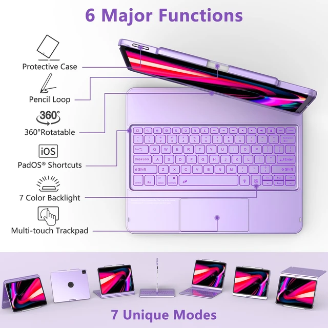 Alt view image 3 of 7 - TQQ for iPad Air 13 Inch (M4/M3/M2) & iPad Pro 12.9 inch Case Keyboard | 360° Rotatable, 7-Color Backlight, Multi-Touch Trackpad Protective Cover for iPad Pro 12.9 (6th/5th/4th/3rd) Gen, Purple