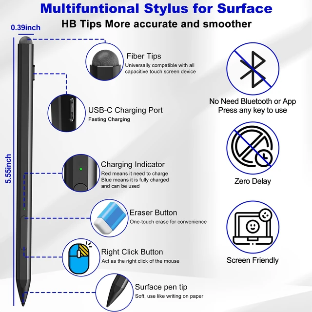 Alt view image 2 of 7 - Surface Pen - Surface Pro Pen Stylus for Surface Pro 11/9/10/8/X/7/6/5/4/3, USB-C Fast Charge, Draw or Write Like on Paper, Surface Pro 11 Copilot Pen for Surface Go 2/3/4/Book/Laptop/Studio