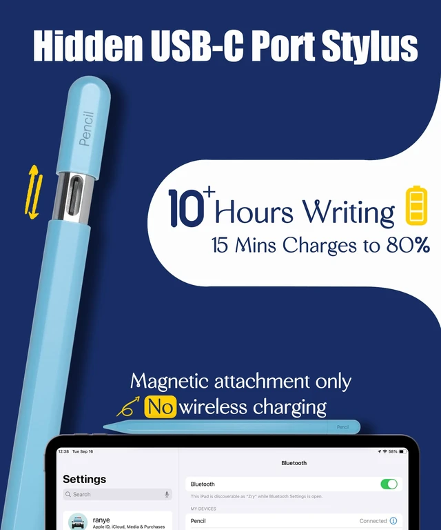 Alt view image 3 of 7 - Aplfan USB-C Pencil for Apple iPad 2018-2026: Slide-Switch & Hidden-Port | Stylus Pen with Tilt Sensitivity & Palm Rejection for iPad 6-11th, Mini 5-7th, Air 3-5th/M2/M3&Pro 11"/12.9"/13"(M4/M5)Blue