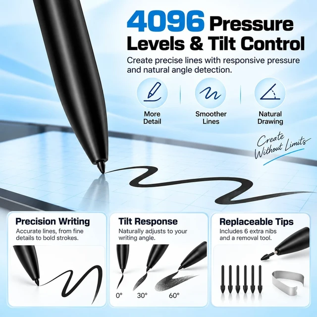 Alt view image 3 of 7 - Magnetic Stylus Pen Compatible with Remarkable 1/2 & Kindle Scribe, Black | 4096 pressure levels with top eraser; includes 6 replacement tips and a pen clip for writing, sketching and note-taking.