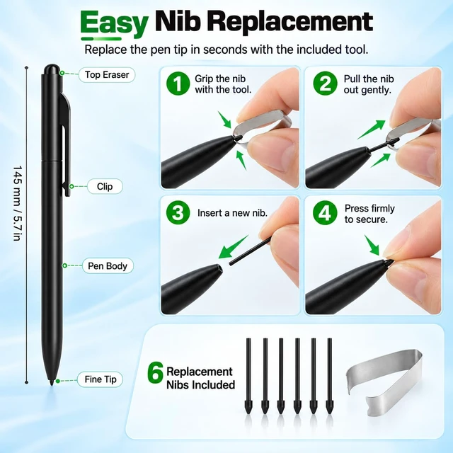 Alt view image 5 of 7 - Magnetic Stylus Pen Compatible with Remarkable 1/2 & Kindle Scribe, Black | 4096 pressure levels with top eraser; includes 6 replacement tips and a pen clip for writing, sketching and note-taking.