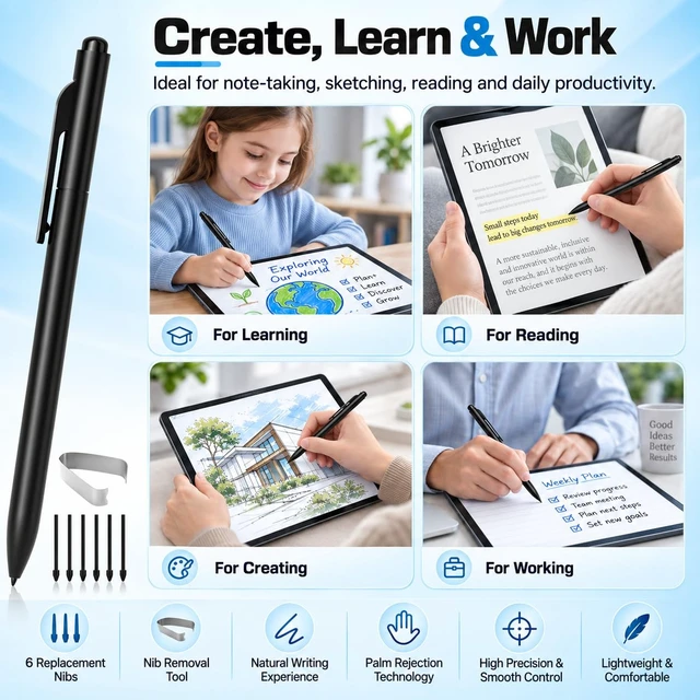Alt view image 6 of 7 - Magnetic Stylus Pen Compatible with Remarkable 1/2 & Kindle Scribe, Black | 4096 pressure levels with top eraser; includes 6 replacement tips and a pen clip for writing, sketching and note-taking.
