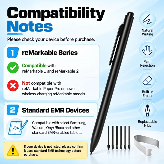 Alt view image 7 of 7 - Magnetic Stylus Pen Compatible with Remarkable 1/2 & Kindle Scribe, Black | 4096 pressure levels with top eraser; includes 6 replacement tips and a pen clip for writing, sketching and note-taking.