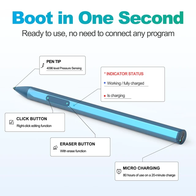 Alt view image 4 of 7 - Stylus Pen for Microsoft Surface Pro 11/10/9/8/X/7+/7/6/5/4/3/Surface 3, Surface Go 4/3/2/1, Surface Laptop/Studio/Book 5/4/3/2/1 with Palm Rejection, 4096 Levels Pressure, Blue