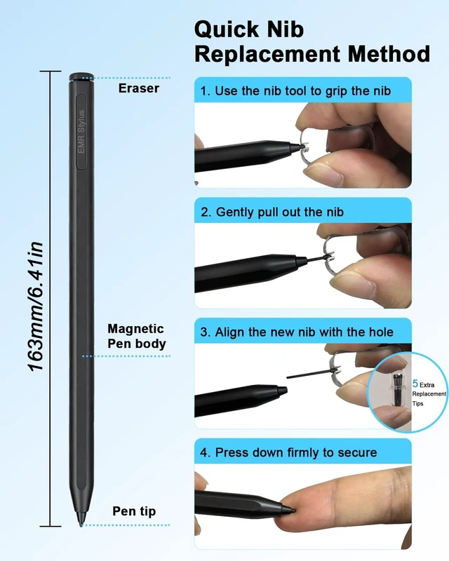 Alt view image 7 of 7 - No-Charge Magnetic EMR Stylus Pen for Remarkable 2 with Eraser, 5 Tips | 4096 Pressure, Tilt & Palm Rejection, Precision Digital Stylus Compatible with Remarkable 1/2, Kindle Scribe, Samsung, BOOX