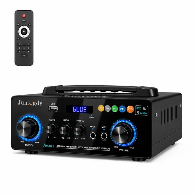 Main image of Portable 2Channel Bluetooth Stereo Amplifier& Receiver 60W RMS × 2 AMP | AV-971 Wireless Amp with FM Radio, USB/SD Inputs & Remote Control, Handle Carrying for Party, Garage Karaoke