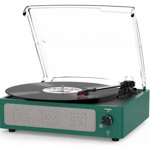 Main image of Vinyl Record Player with Speakers Belt-Driven Turntable, Emerald Green | All-in-one Beginner LP Players,Retro Old-school Phonograph,Belt-Driven,3-Speed,BT Wireless Input,Headphone,AUX,RCA,Auto Stop