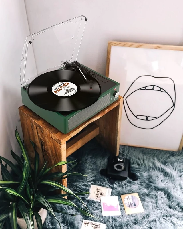 Alt view image 4 of 7 - Vinyl Record Player with Speakers Belt-Driven Turntable, Emerald Green | All-in-one Beginner LP Players,Retro Old-school Phonograph,Belt-Driven,3-Speed,BT Wireless Input,Headphone,AUX,RCA,Auto Stop