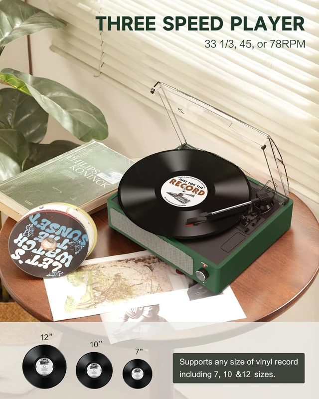 Alt view image 6 of 7 - Vinyl Record Player with Speakers Belt-Driven Turntable, Emerald Green | All-in-one Beginner LP Players,Retro Old-school Phonograph,Belt-Driven,3-Speed,BT Wireless Input,Headphone,AUX,RCA,Auto Stop