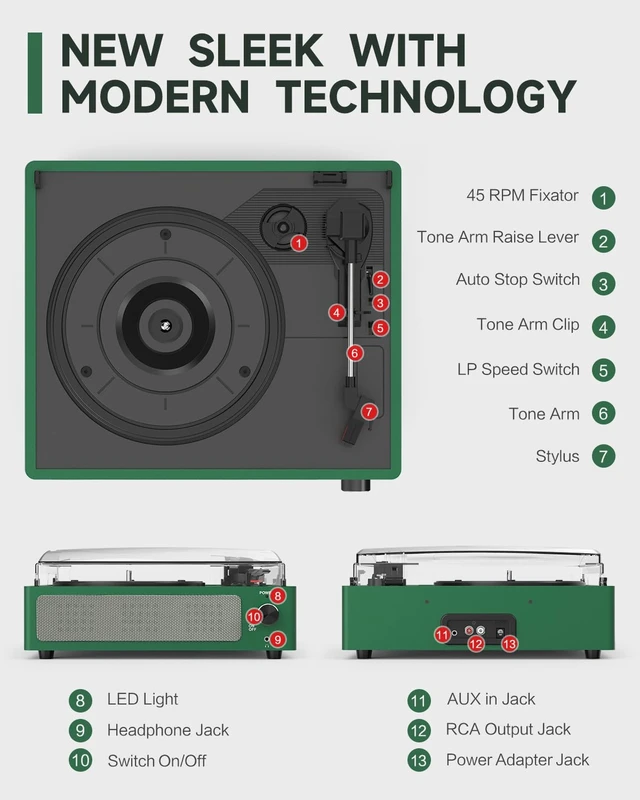 Alt view image 5 of 7 - Vinyl Record Player with Speakers Belt-Driven Turntable, Emerald Green | All-in-one Beginner LP Players,Retro Old-school Phonograph,Belt-Driven,3-Speed,BT Wireless Input,Headphone,AUX,RCA,Auto Stop