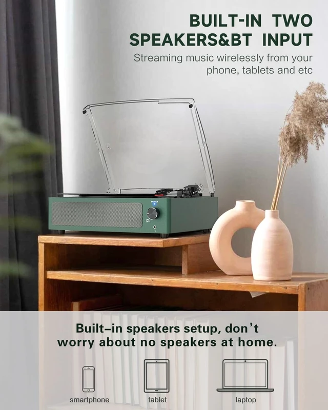 Alt view image 7 of 7 - Vinyl Record Player with Speakers Belt-Driven Turntable, Emerald Green | All-in-one Beginner LP Players,Retro Old-school Phonograph,Belt-Driven,3-Speed,BT Wireless Input,Headphone,AUX,RCA,Auto Stop