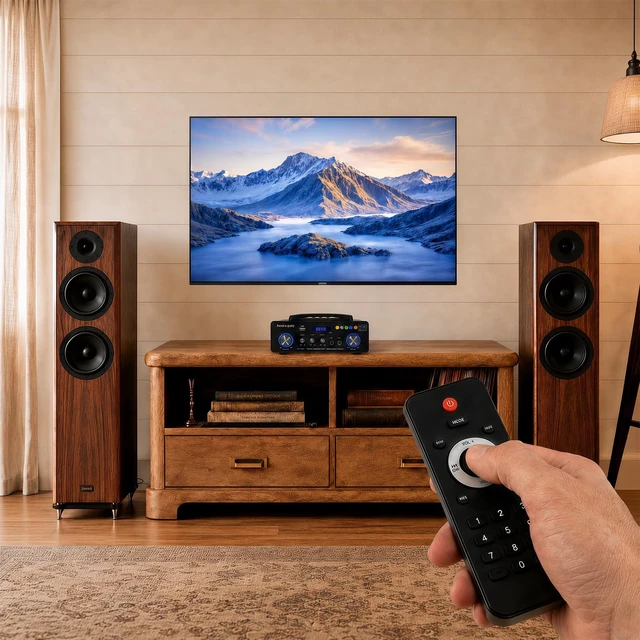 Alt view image 5 of 7 - Portable 2Channel Bluetooth Stereo Amplifier& Receiver 60W RMS × 2 AMP | AV-971 Wireless Amp with FM Radio, USB/SD Inputs & Remote Control, Handle Carrying for Party, Garage Karaoke