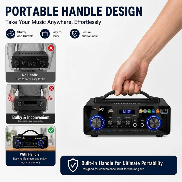 Alt view image 6 of 7 - Portable 2Channel Bluetooth Stereo Amplifier& Receiver 60W RMS × 2 AMP | AV-971 Wireless Amp with FM Radio, USB/SD Inputs & Remote Control, Handle Carrying for Party, Garage Karaoke