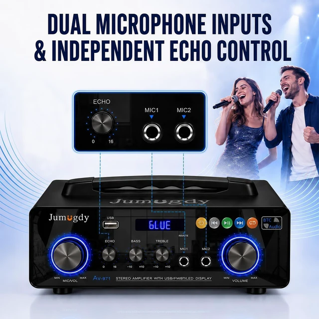 Alt view image 7 of 7 - Portable 2Channel Bluetooth Stereo Amplifier& Receiver 60W RMS × 2 AMP | AV-971 Wireless Amp with FM Radio, USB/SD Inputs & Remote Control, Handle Carrying for Party, Garage Karaoke