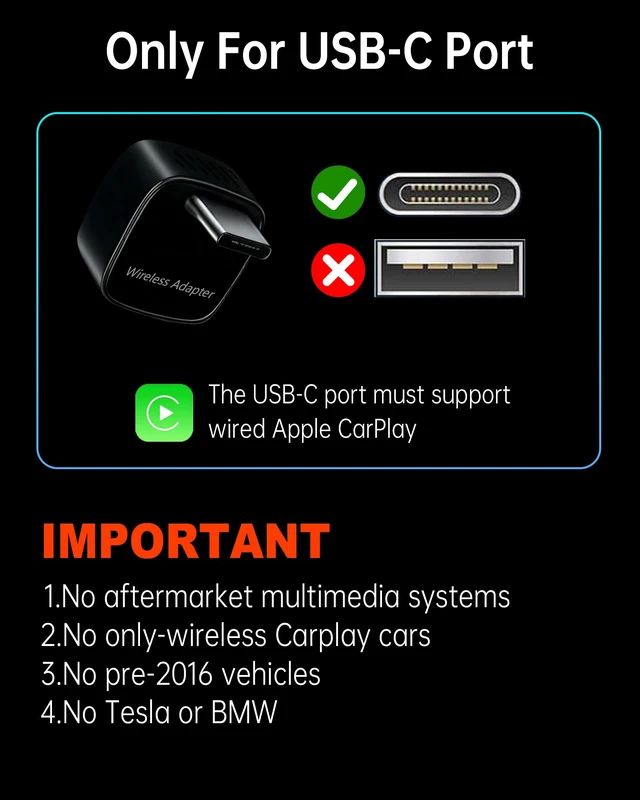 Alt view image 7 of 7 - ONINCE Wireless CarPlay Adapter USB-C, Only for Type-C CarPlay Cars | Keep Adjacent Ports Free | Direct USB-C | Plug & Play | 5-Sec Auto Connect