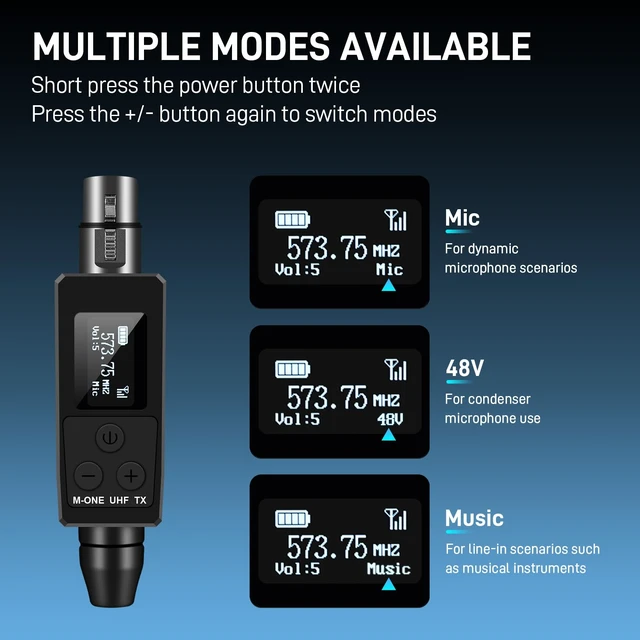 Alt view image 3 of 7 - Wireless Microphone System UHF Professional XLR Transmitter+Receiver, Supports Dynamic/Condenser Microphones & 48V Phantom Power, Suitable for Electric Guitar, Bass, Mixers, PA Systems (One drag two)