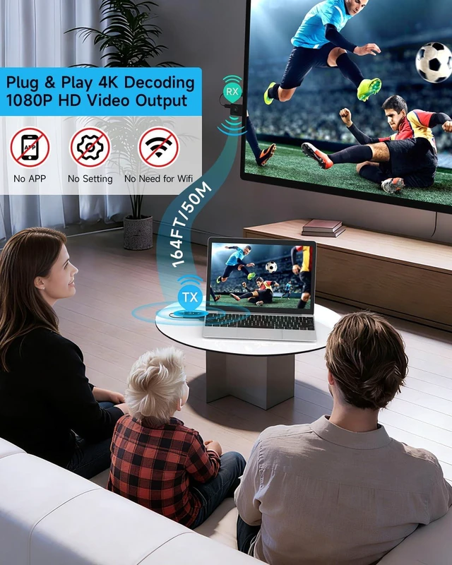 Alt view image 2 of 6 - CZGG Wireless HDMI Transmitter and Receiver, 164FT Long-Range Low Latency Audio & Video 4K Decoding 1080P Output, 5G/2.4G Dual-Band Stable Connection, Plug & Play for Laptop,PC,TV,Projector,Camera
