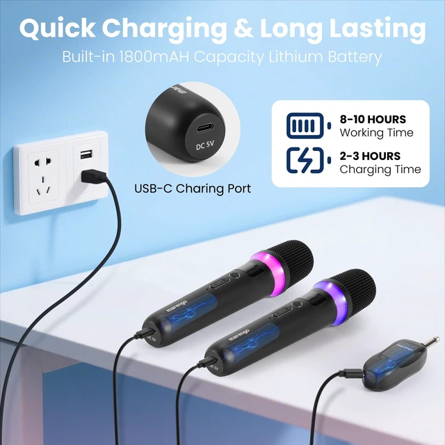 Alt view image 3 of 7 - Marengo Wireless Microphones, Volume Control, LED Lights, 40H, 200FT Range | UHF Stable Signal,LCD Dual Mics Display,Dual-Channel Receiver,200FT Long Range,40H Battery Life,Crystal Clear Sound