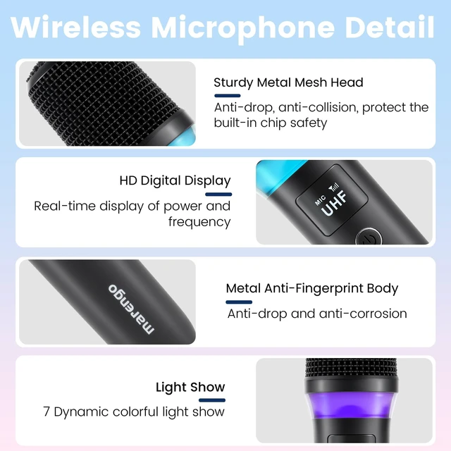 Alt view image 7 of 7 - Marengo Wireless Microphones, Volume Control, LED Lights, 40H, 200FT Range | UHF Stable Signal,LCD Dual Mics Display,Dual-Channel Receiver,200FT Long Range,40H Battery Life,Crystal Clear Sound
