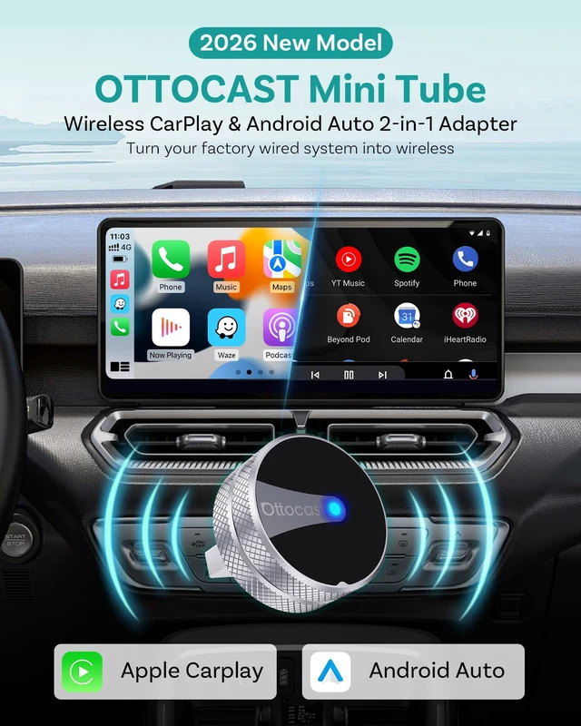 Alt view image 2 of 7 - OTTOCAST Mini Tube 2026 Wireless CarPlay & Android Auto Adapter | Plug & Play for iPhone & Android, Seamless Auto-Connect, Stable Performance, Premium Aluminum Design