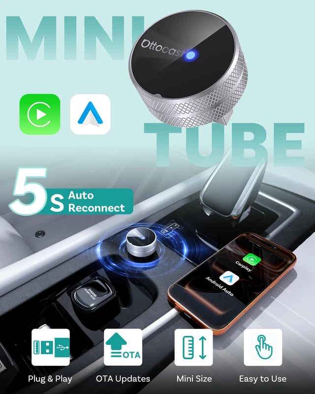 Alt view image 4 of 7 - OTTOCAST Mini Tube 2026 Wireless CarPlay & Android Auto Adapter | Plug & Play for iPhone & Android, Seamless Auto-Connect, Stable Performance, Premium Aluminum Design