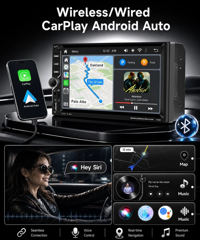 Alt view image 2 of 7 - Rimoody Double Din Wireless Carplay Car Stereo Android Auto, 7 Inch Touch Screen 2 Din Car Radio with Mirror Link Bluetooth FM EQ SWC Dual USB Fast Charge Support Backup Camera