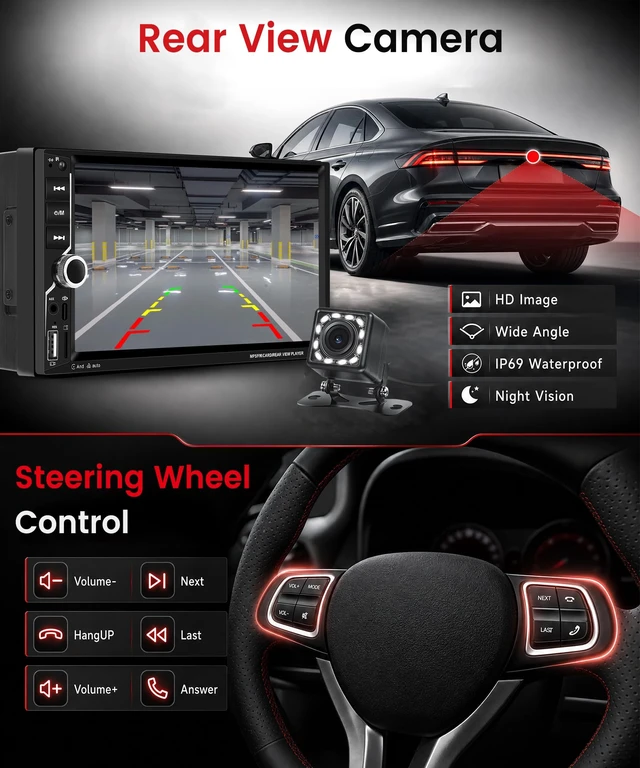 Alt view image 5 of 7 - Rimoody Double Din Wireless Carplay Car Stereo Android Auto, 7 Inch Touch Screen 2 Din Car Radio with Mirror Link Bluetooth FM EQ SWC Dual USB Fast Charge Support Backup Camera