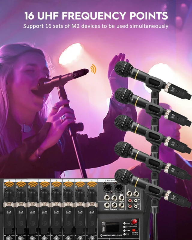 Alt view image 5 of 7 - M2 UHF Wireless XLR Mic Transmitter & Receiver, 16 Channels | For dynamic microphones; supports 9-24V phantom power and works with audio mixers and PA speakers