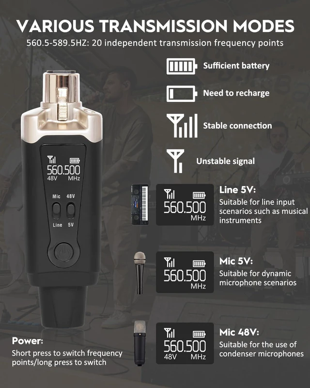 Alt view image 4 of 7 - M2 UHF Wireless XLR Mic Transmitter & Receiver, 16 Channels | For dynamic microphones; supports 9-24V phantom power and works with audio mixers and PA speakers