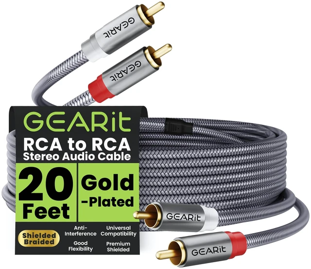 Main image of GEARit RCA to RCA Cables 20ft Car Audio Subwoofer Cable Shielded Stereo | Male to Male, Oxygen-Free Copper, Dual Shielded, Gold Plated Connectors, Amplifier Turntable Receiver Mixer