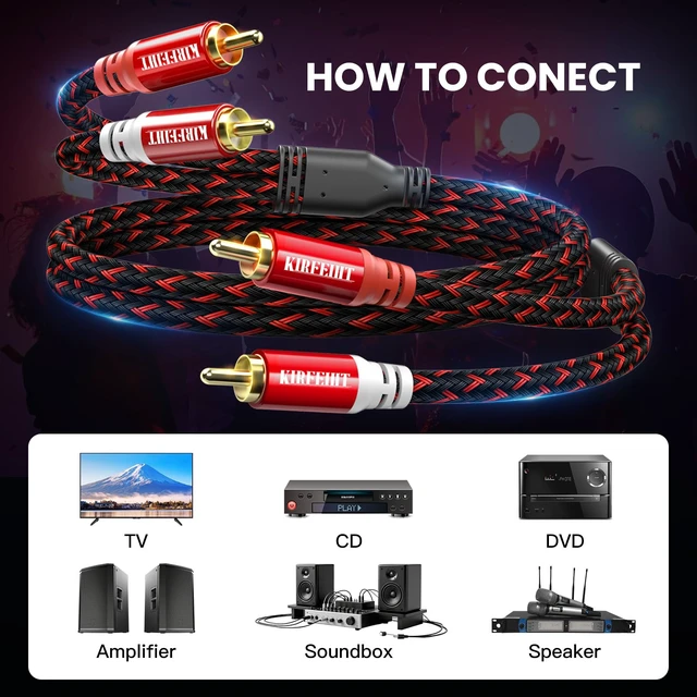 Alt view image 4 of 7 - KIRFEIHT RCA Cables 25 FT, 2RCA to 2RCA OFC Core RCA Cables for Car Audio | Gold-Plated Connectors Nylon Braided Subwoofer Cable for Home Theater, HDTV, Amplifiers, Speakers - Red & Black