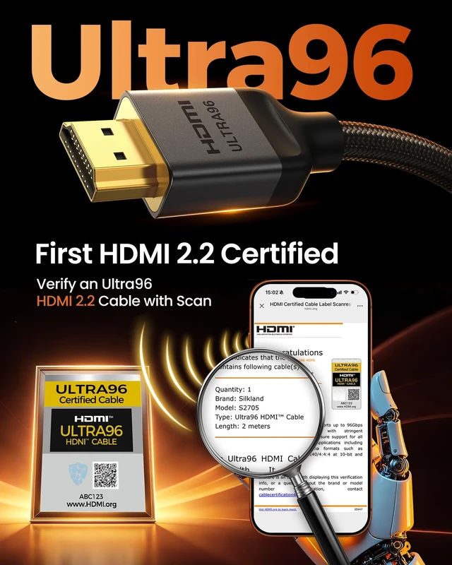 Alt view image 2 of 7 - H96 Certified Ultra96 HDMI Cable 6.6FT, 96Gbps HDMI 2.2 Cable 16K | 16K@60hz, 8K@120hz, 4K@240hz High Speed HDMI Cord Braided, FRL, Lip, eARC, HDR10+, HDCP for Home Theater Soundbar PS5 Monitor