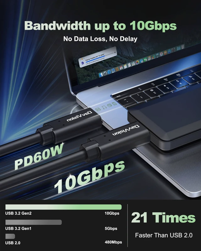 Alt view image 2 of 7 - DavVision USB C Fiber Optic Cable 16.4FT Bidirectional Transmission, 10Gbps&PD 60W USB 3.2 Gen2 Tether Cable for Canon/Sony/Nikon,Ultra Slim & Soft for 4K Camera,Webcam,VR/AR,Video Conference