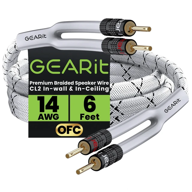 Main image of GEARit 14 Gauge Speaker Wire Banana Plugs CL2 Rated in-Wall 6 Feet White | 14 AWG 99.9% Oxygen-Free Copper, Gold-Plated Tips, Braided Jacket, Home Theater Hi-Fi Bookshelf Bi-Wire, For Audiophiles