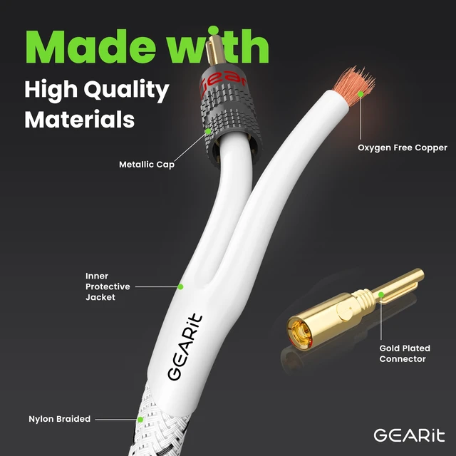 Alt view image 2 of 7 - GEARit 14 Gauge Speaker Wire Banana Plugs CL2 Rated in-Wall 6 Feet White | 14 AWG 99.9% Oxygen-Free Copper, Gold-Plated Tips, Braided Jacket, Home Theater Hi-Fi Bookshelf Bi-Wire, For Audiophiles
