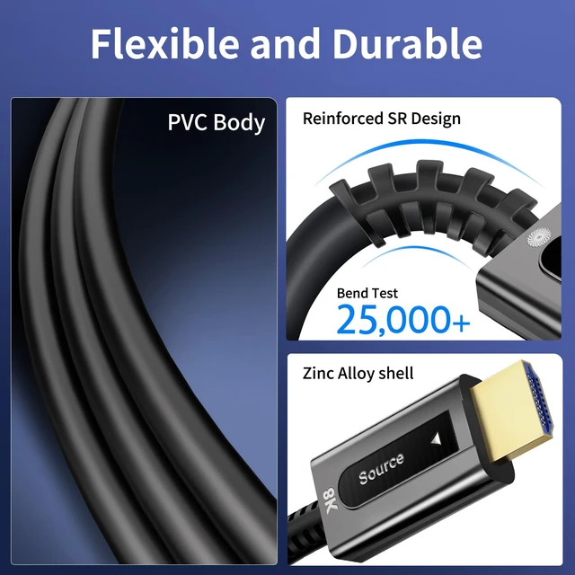 Alt view image 4 of 7 - 8K Fiber Optic HDMI 2.1 Cable 15ft/5m,Ultra High Speed Long Fiber HDMI Cord,48Gbps,8K@60Hz 4K@120Hz, eARC HDR10 Dolby Vision for PS4/PS5, Xbox X/S,HDTV, Home Theater Gaming