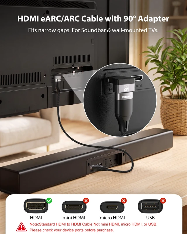 Alt view image 3 of 7 - MOSIMLI True ARC/eARC HDMI 2.1 Cable for Soundbar, 20FT 2-Pack | 5.1/7.1 Audio, Lossless Dolby Atmos/DTS:X, No Dropouts. 48Gbps, 8K/4K. 90° Adapter & Ties Included. Ideal for Home Theater