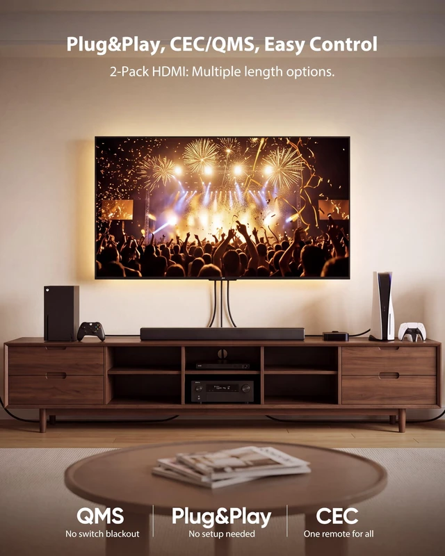 Alt view image 4 of 7 - MOSIMLI True ARC/eARC HDMI 2.1 Cable for Soundbar, 20FT 2-Pack | 5.1/7.1 Audio, Lossless Dolby Atmos/DTS:X, No Dropouts. 48Gbps, 8K/4K. 90° Adapter & Ties Included. Ideal for Home Theater