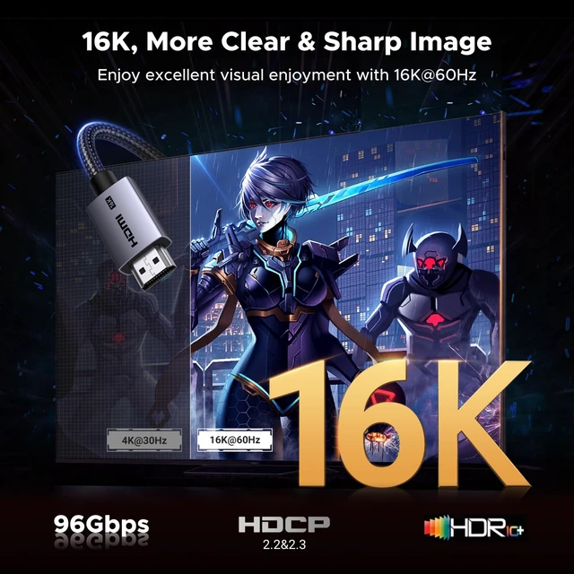 Alt view image 2 of 7 - UGREEN 16K HDMI Cable 96Gbps 6.6FT, 8K@240Hz High Speed HDMI Cord | 16K@60Hz 4K@480Hz 12K@120Hz, HDCP 2.2&2.3, Lip eARC, Aluminum Case, Compatible with PS5/Blu-ray/Roku TV/Switch 2/Mac mini M4