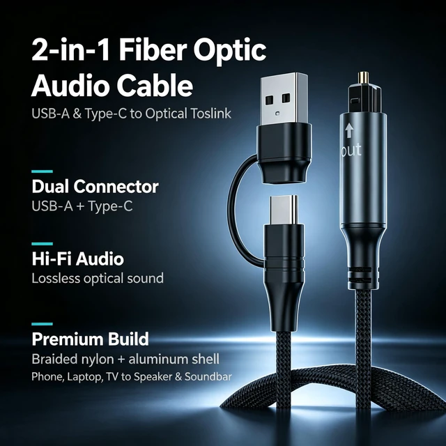 Alt view image 2 of 7 - DTZY USB to Toslink Optical Audio Cable, 2-in-1 USB A/USB C to SPDIF Digital Optical Adapter Cord, 24bit/192kHz for Laptop PC PS5 Soundbar Speaker Home Theater, 6ft