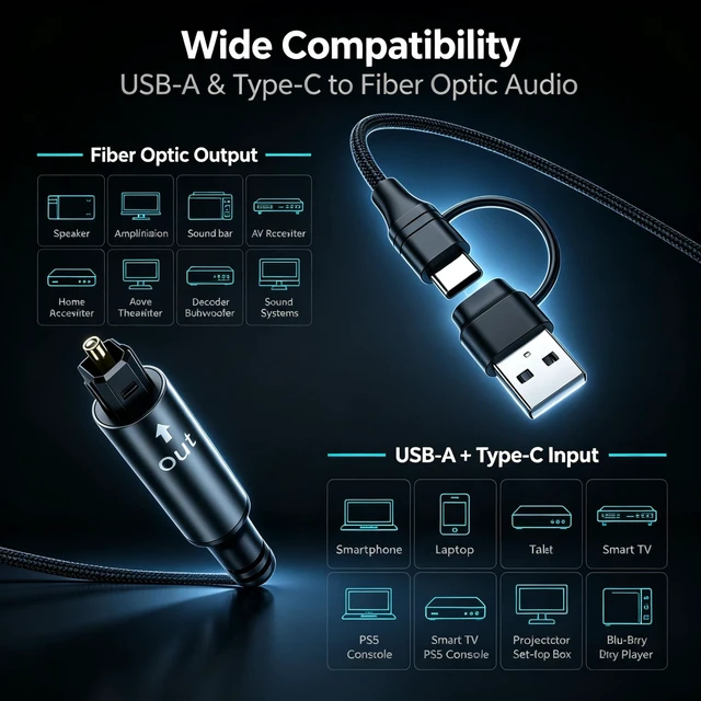 Alt view image 4 of 7 - DTZY USB to Toslink Optical Audio Cable, 2-in-1 USB A/USB C to SPDIF Digital Optical Adapter Cord, 24bit/192kHz for Laptop PC PS5 Soundbar Speaker Home Theater, 6ft