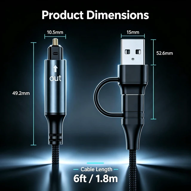 Alt view image 7 of 7 - DTZY USB to Toslink Optical Audio Cable, 2-in-1 USB A/USB C to SPDIF Digital Optical Adapter Cord, 24bit/192kHz for Laptop PC PS5 Soundbar Speaker Home Theater, 6ft