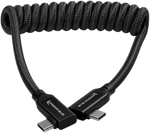 Main image of KONDOR BLUE | 12-24 Inch Coiled Dual Right Angle USB-C Cable for SSD Recording & Charging | 8K Data, 100W PD, 20Gbps USB 3.2 for Cameras, Monitors, iPhone 17/16/15, Tablets & More | Blacks