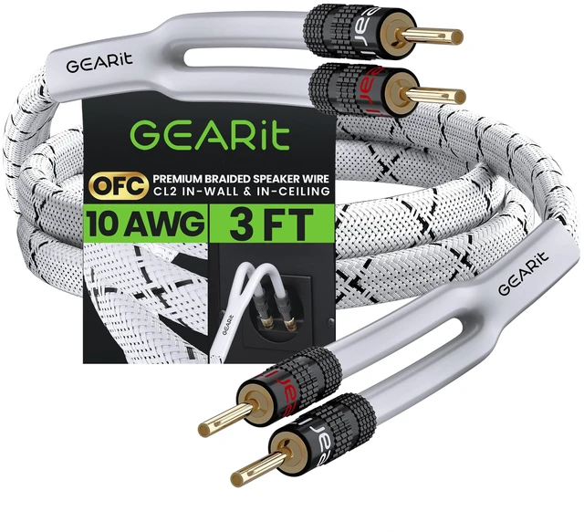 Main image of GEARit 10 Gauge White Speaker Wire Banana Plugs CL2 Rated in-Wall 3 Feet | 10 AWG 99.9% Oxygen-Free Copper, Gold-Plated Tips, Braided Jacket, Home Theater Bookshelf Subwoofer Surround, Bi-Wire Bi-Amp