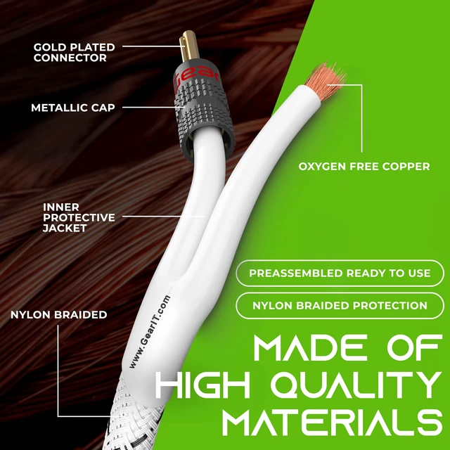 Alt view image 7 of 7 - GEARit 10 Gauge White Speaker Wire Banana Plugs CL2 Rated in-Wall 3 Feet | 10 AWG 99.9% Oxygen-Free Copper, Gold-Plated Tips, Braided Jacket, Home Theater Bookshelf Subwoofer Surround, Bi-Wire Bi-Amp