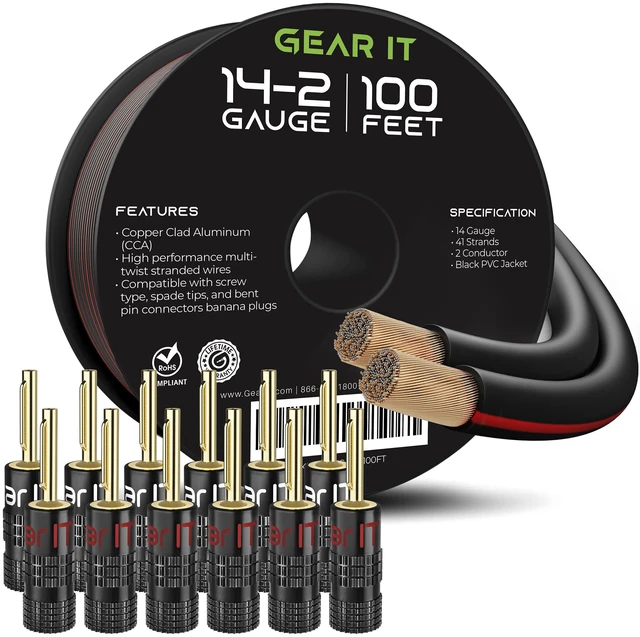 Main image of GEARit 14 Gauge Speaker Wire with Banana Plugs, 100FT Black, 6 Pair | Speaker Wires 14 Gauge with Foot Makers,Polarity Marked for Home Theater & Car Audio,DIY Installations(CCA,Black/Purple)
